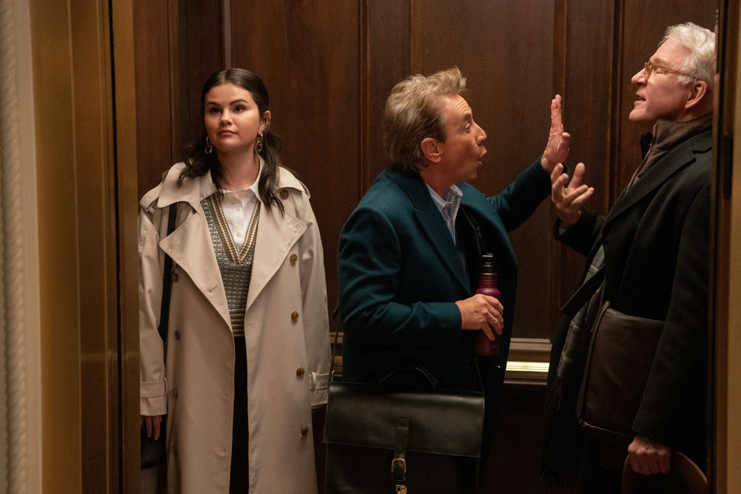 Selena Gomez, Steve Martin and Martin Short in the lift in 'Only Murders in the Building'